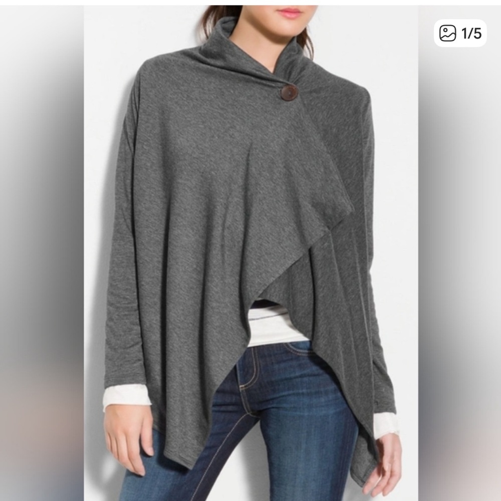 Bobeau One-Button Fleece Wrap Cardigan Dark Gray Small Cozy